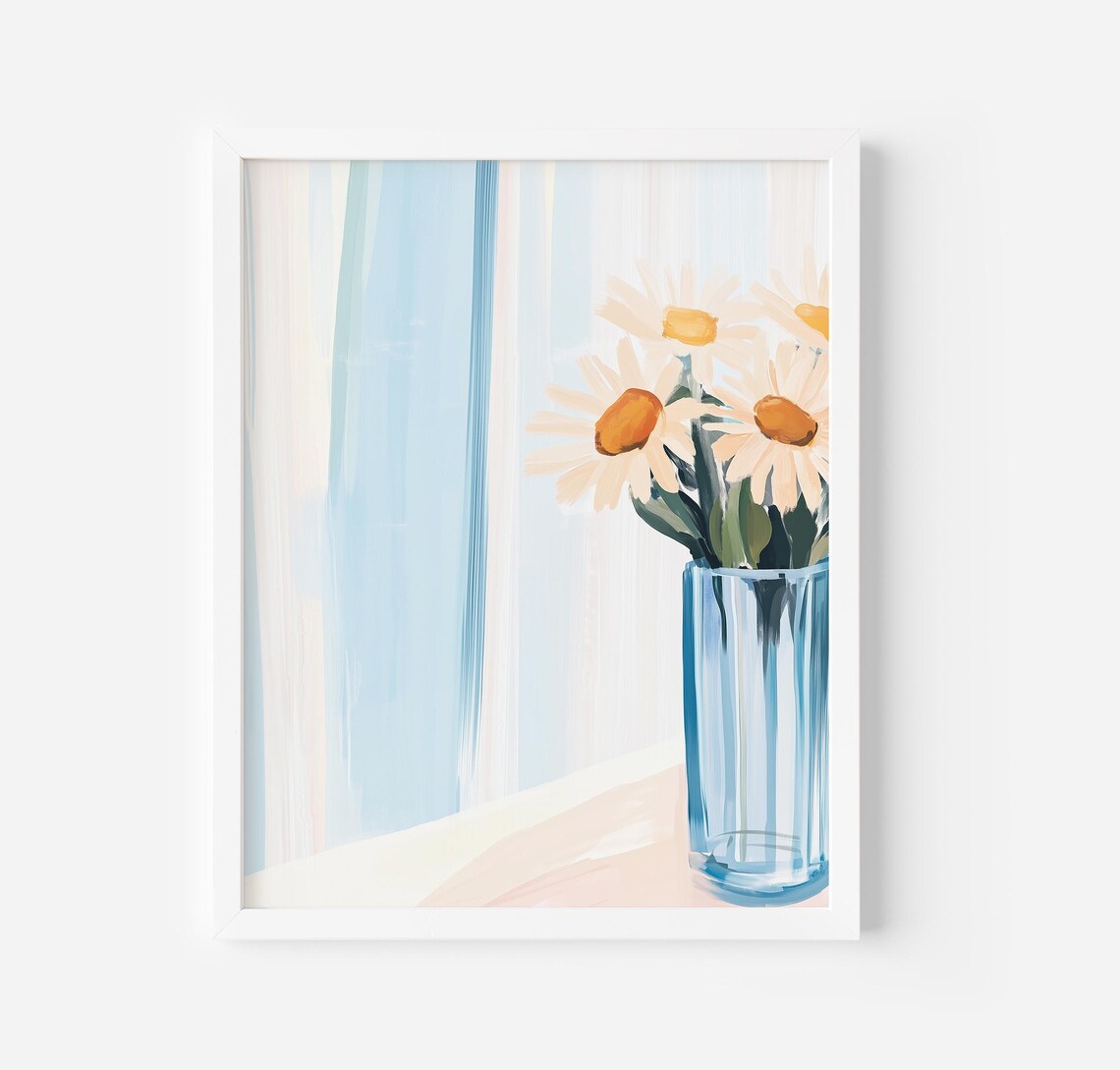 White Daisies In Blue Glass Vase By Sunny Window Floral Poster