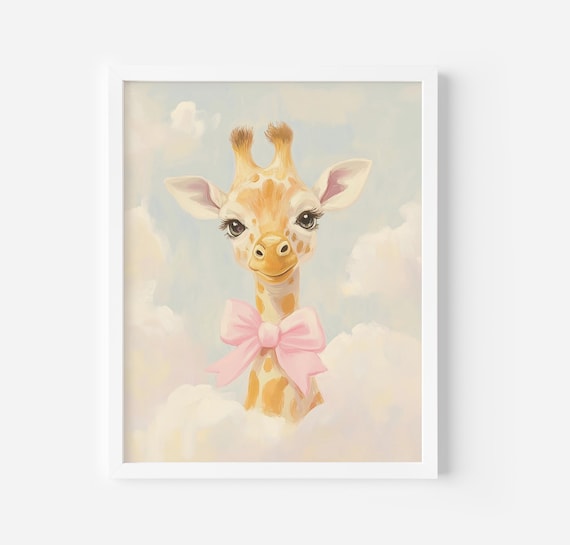Cute Baby Giraffe With Pink Bow Pastel Clouds Nursery Art Poster