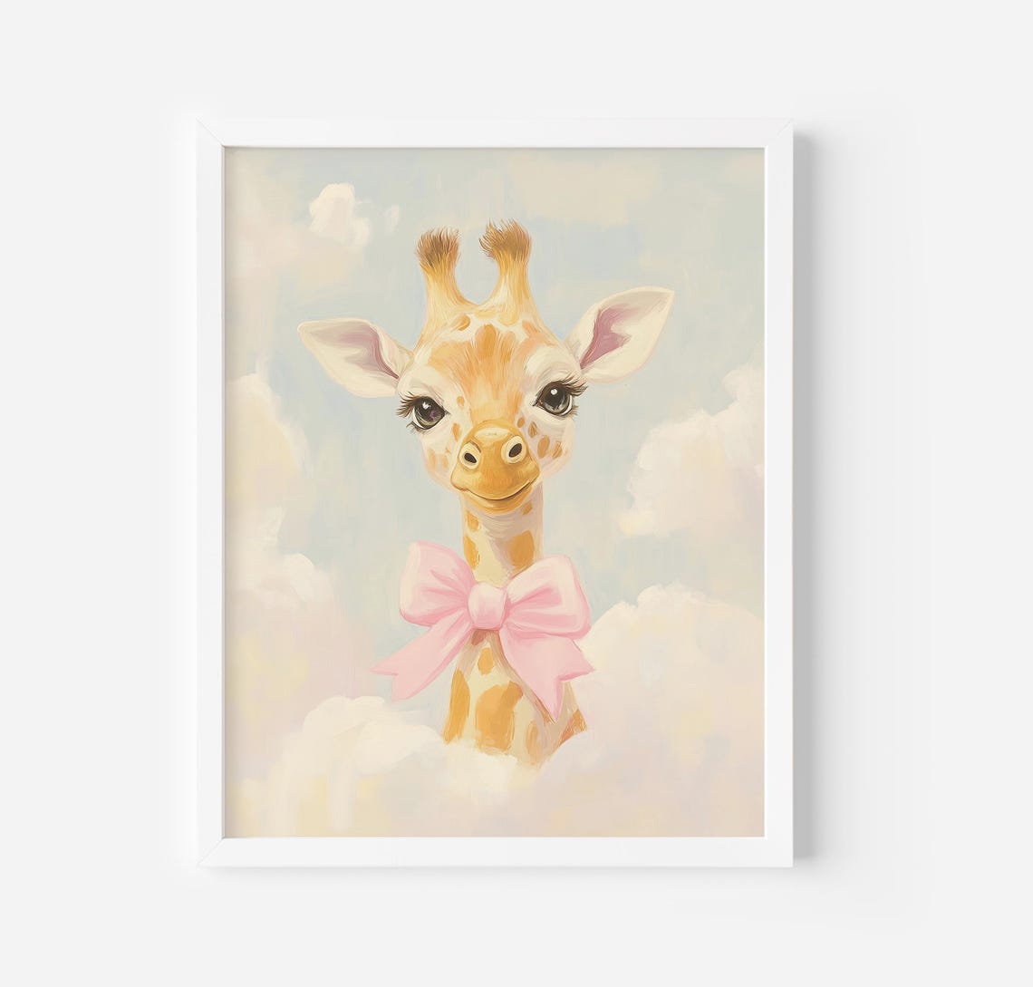 Cute Baby Giraffe With Pink Bow Pastel Clouds Nursery Art Poster