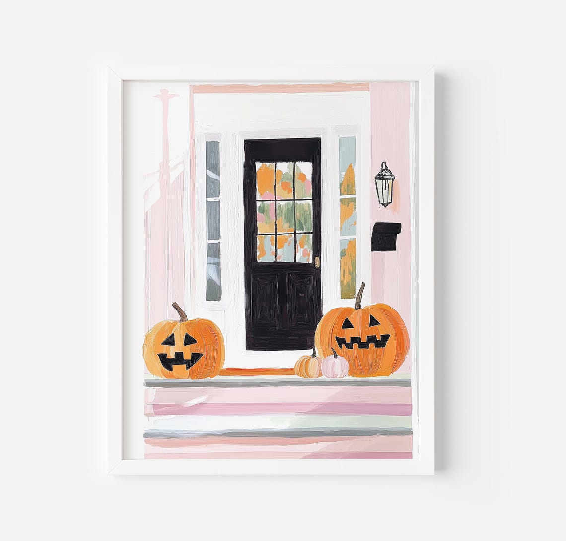 Halloween Front Porch with Jack O Lanterns Spooky Cute Art Poster