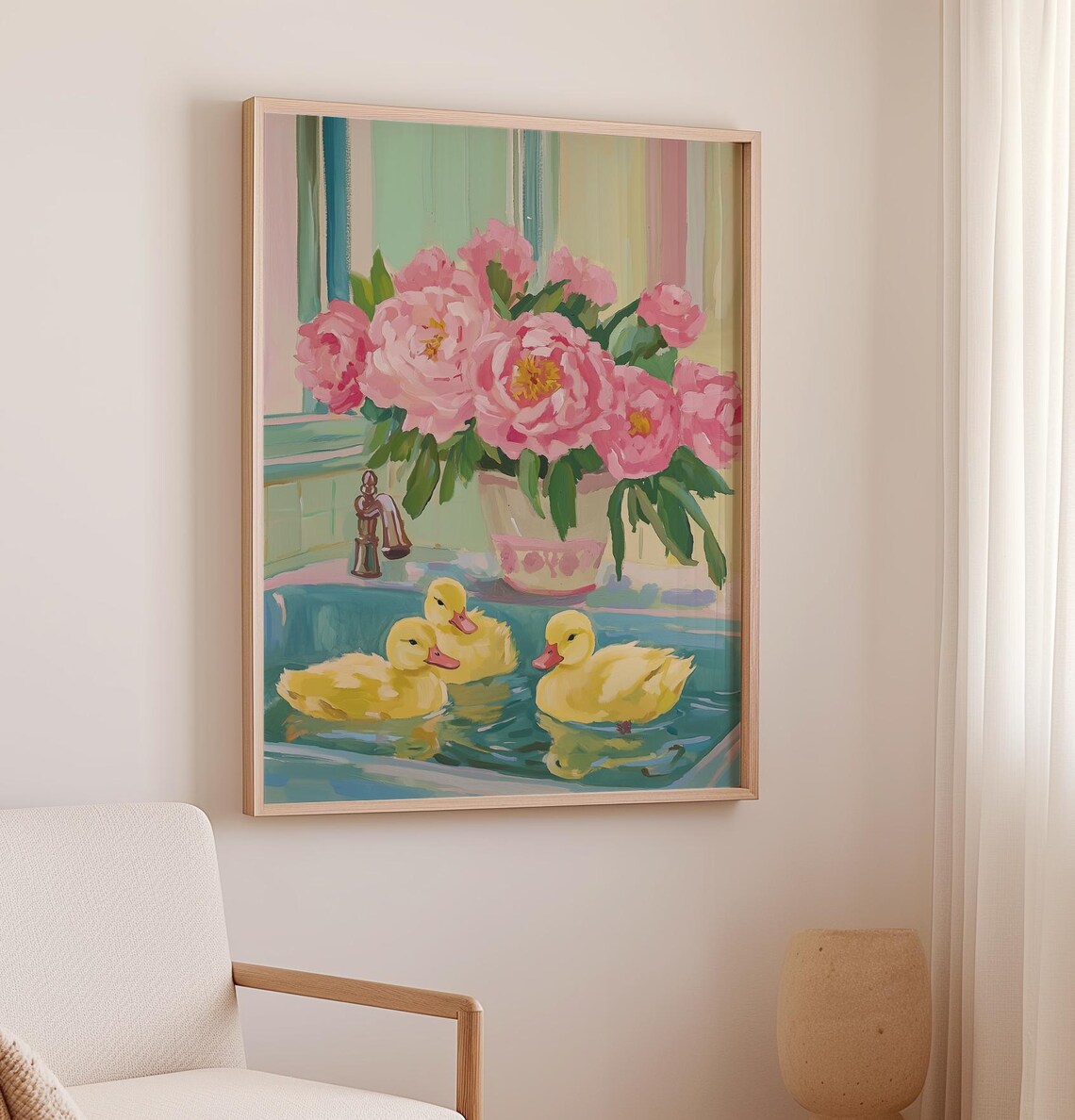 Ducks In The Bathtub Art Print, Pink Roses Bathroom Decor - Image 3