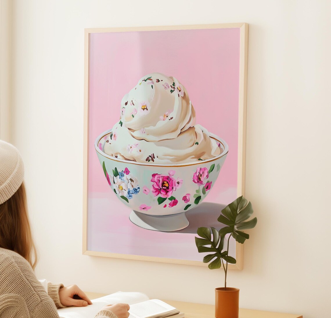 Gelato Art Print Ice Cream Poster Pastel Pink Summer Art Foodie Kitchen Decor Ice Cream Dessert Cup Art Floral Ice Cream Bowl Art Print - Image 2