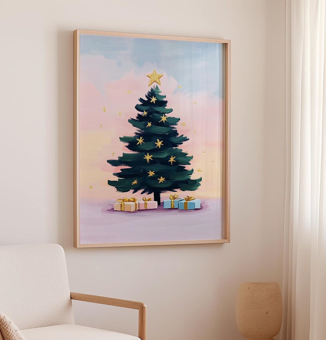 Green Christmas Tree With Gold Stars And Gifts Pastel Sky Art Poster - Image 2