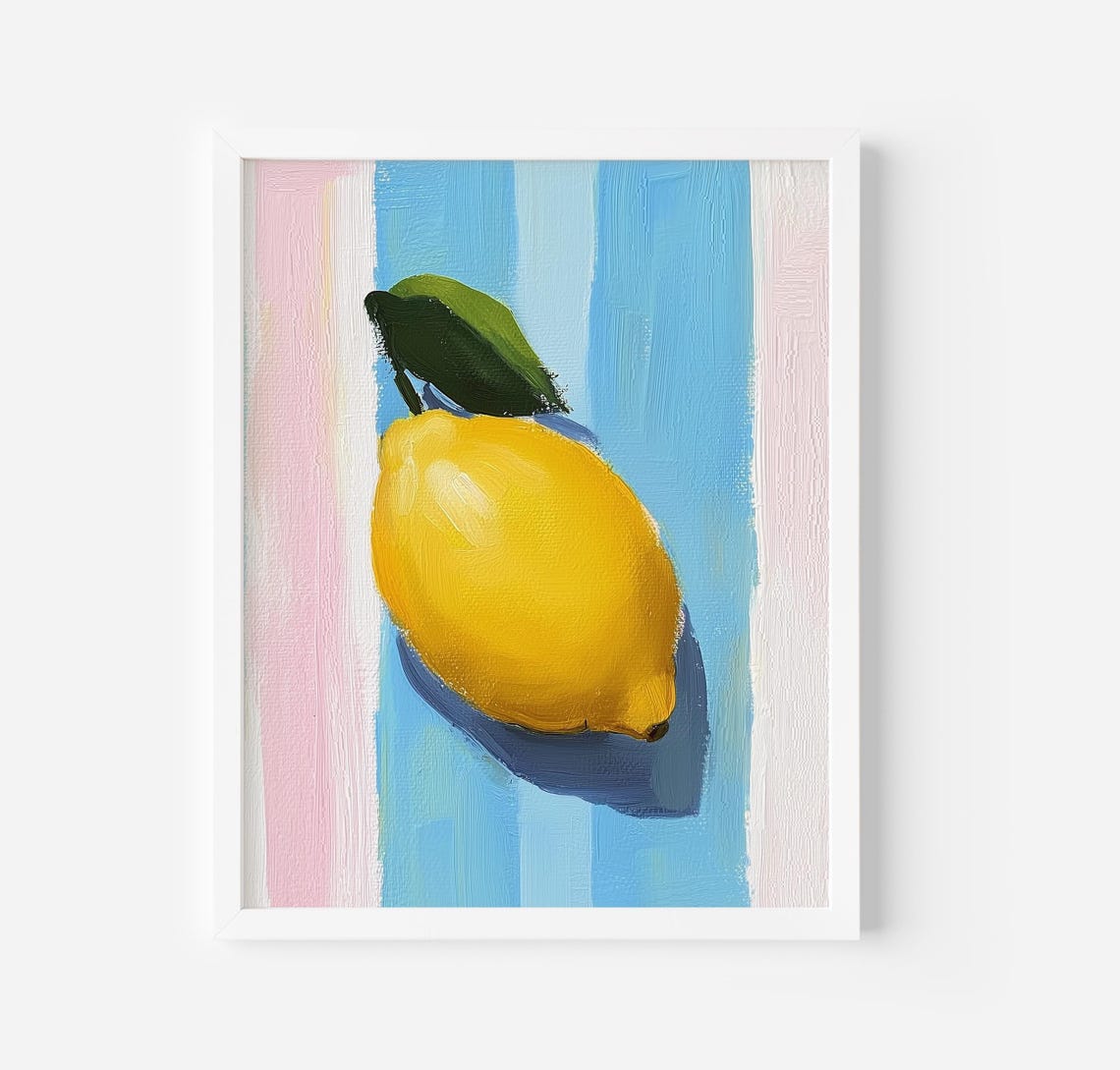 Fresh Lemon On Blue Stripes Modern Citrus Still Life Kitchen Poster