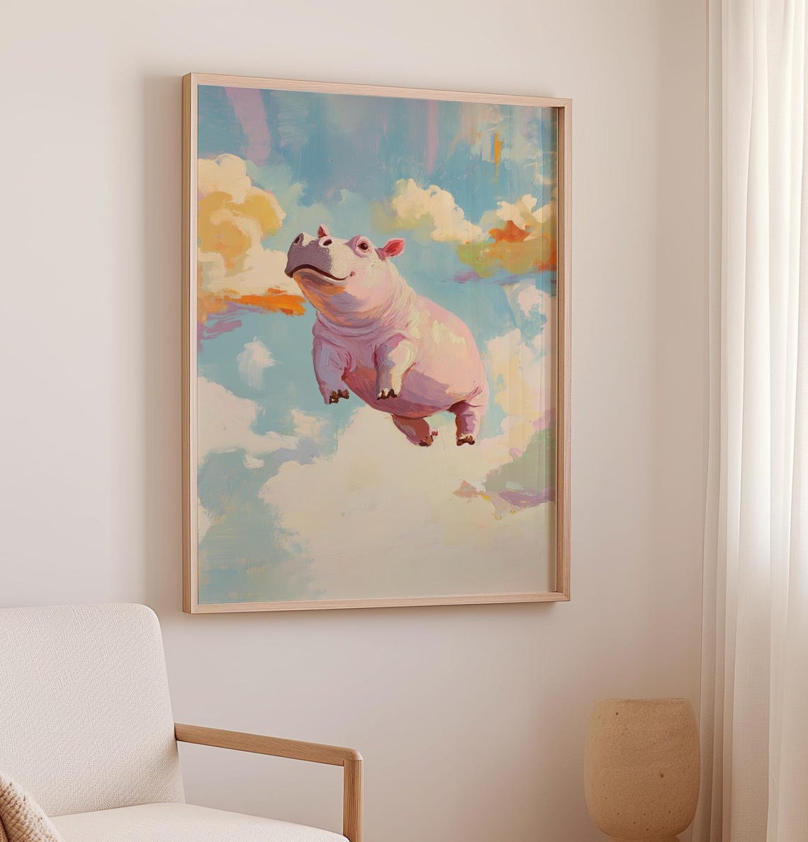Flying Pink Hippo Soaring Through Clouds Whimsical Sky Poster - Image 2