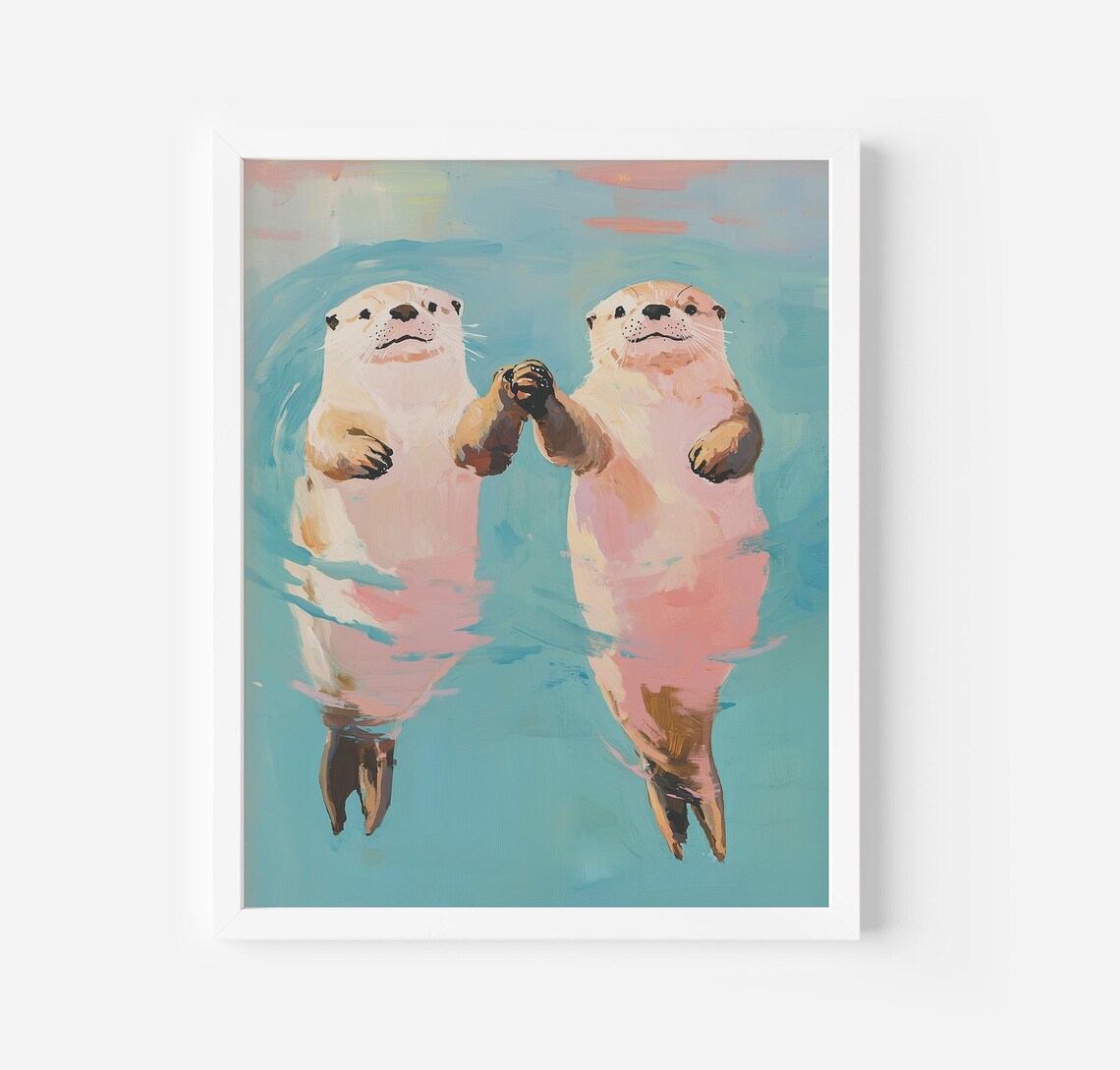 Otters Holding Hands Art Print, Cute Otter Couple