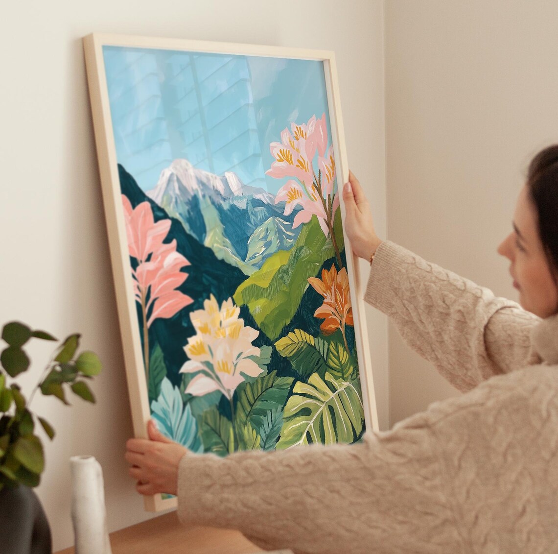 Tropical Landscape Art Print, Pastel Tree Mountain - Image 3