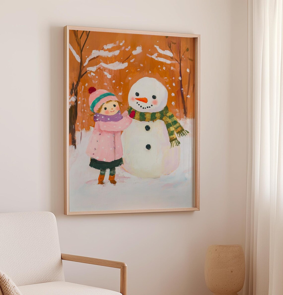 Girl Building Snowman Art Print Snowy Christmas Art Winter Holiday Decor Pink Christmas Painting Snowman Art - Image 2