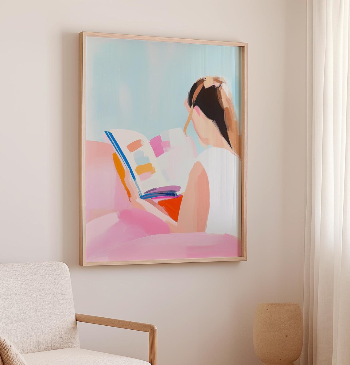 Woman Reading Magazine Pink Sofa Pastel Back View Art Poster - Image 2
