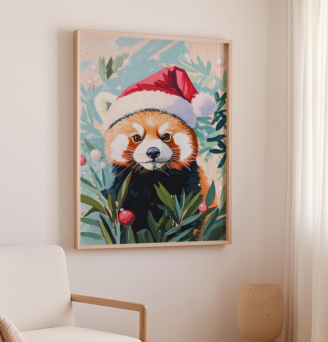 Cute Red Panda Wearing Santa Hat Among Eucalyptus Leaves Poster - Image 2