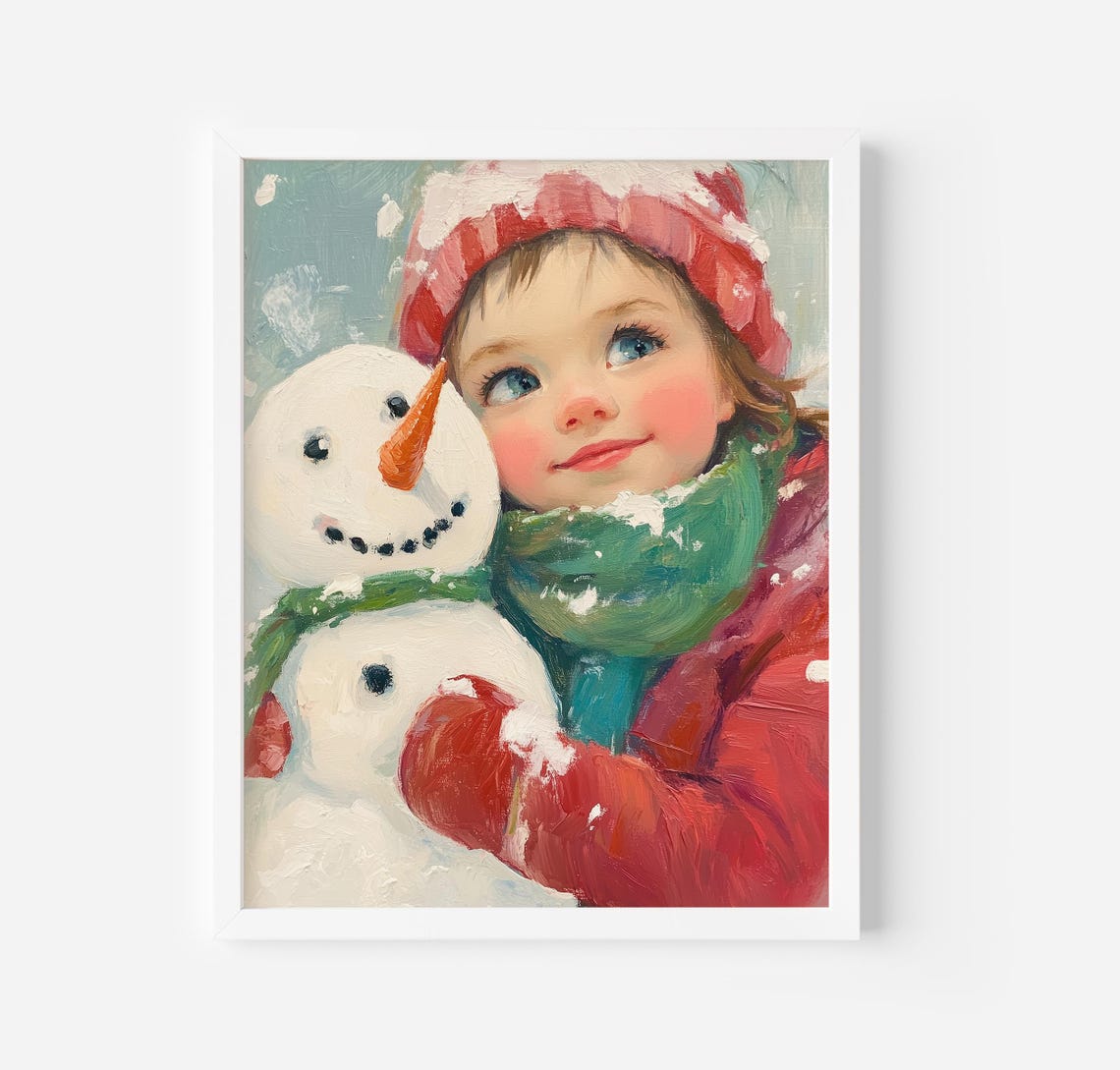Christmas Art Print Little Girl And Snowman Holiday Girls Room Decor Trendy Christmas Art Winter Painting Snowman Wall Art Nursery Art