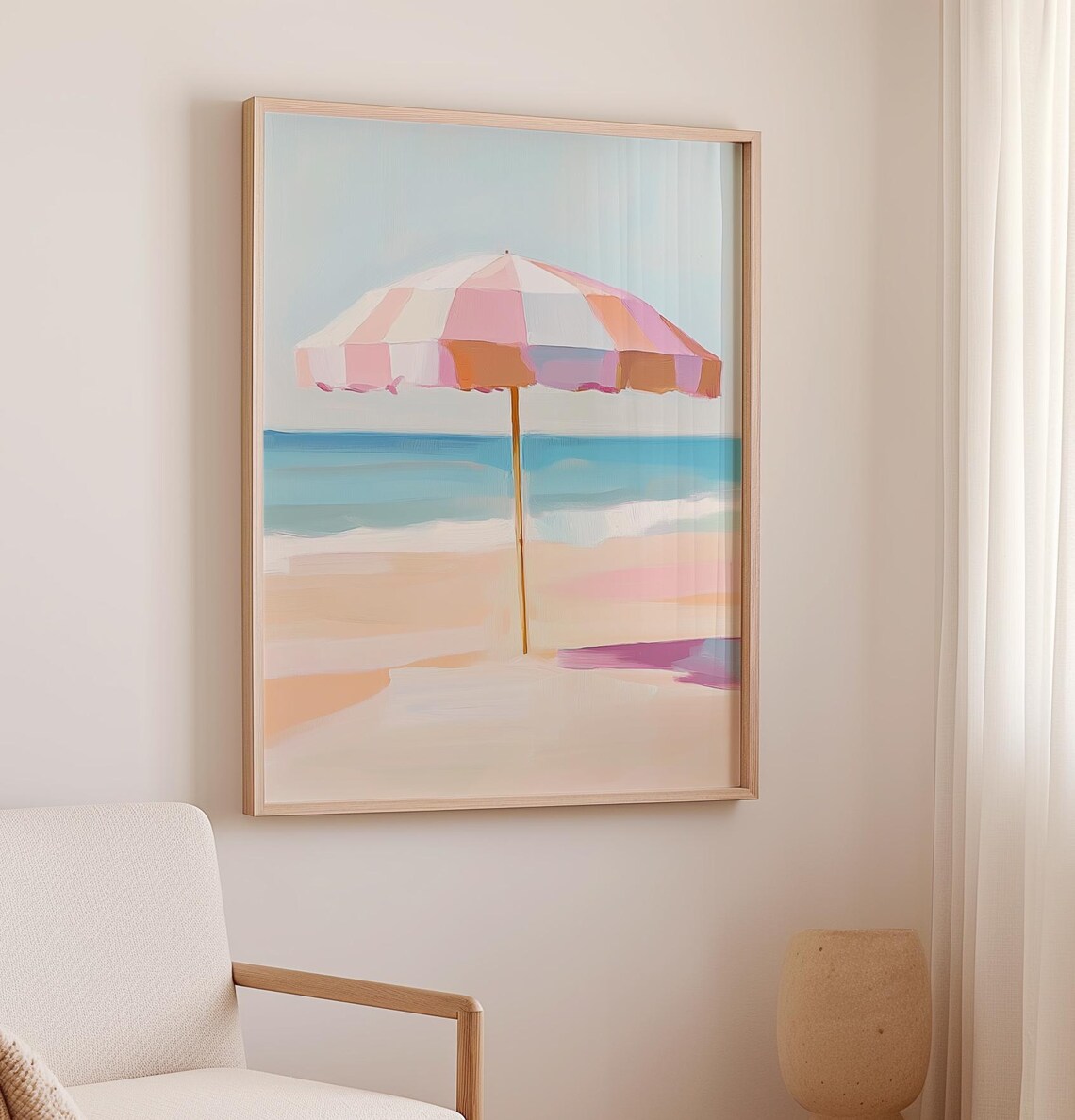 Pink Beach Umbrella Painting, Retro Summer Art Print - Image 2