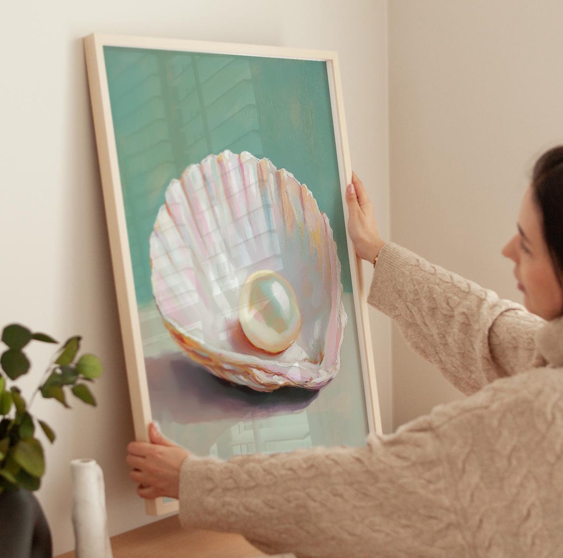 Elegant Pearl In Oyster Shell Coastal Still Life Wall Art Poster - Image 4