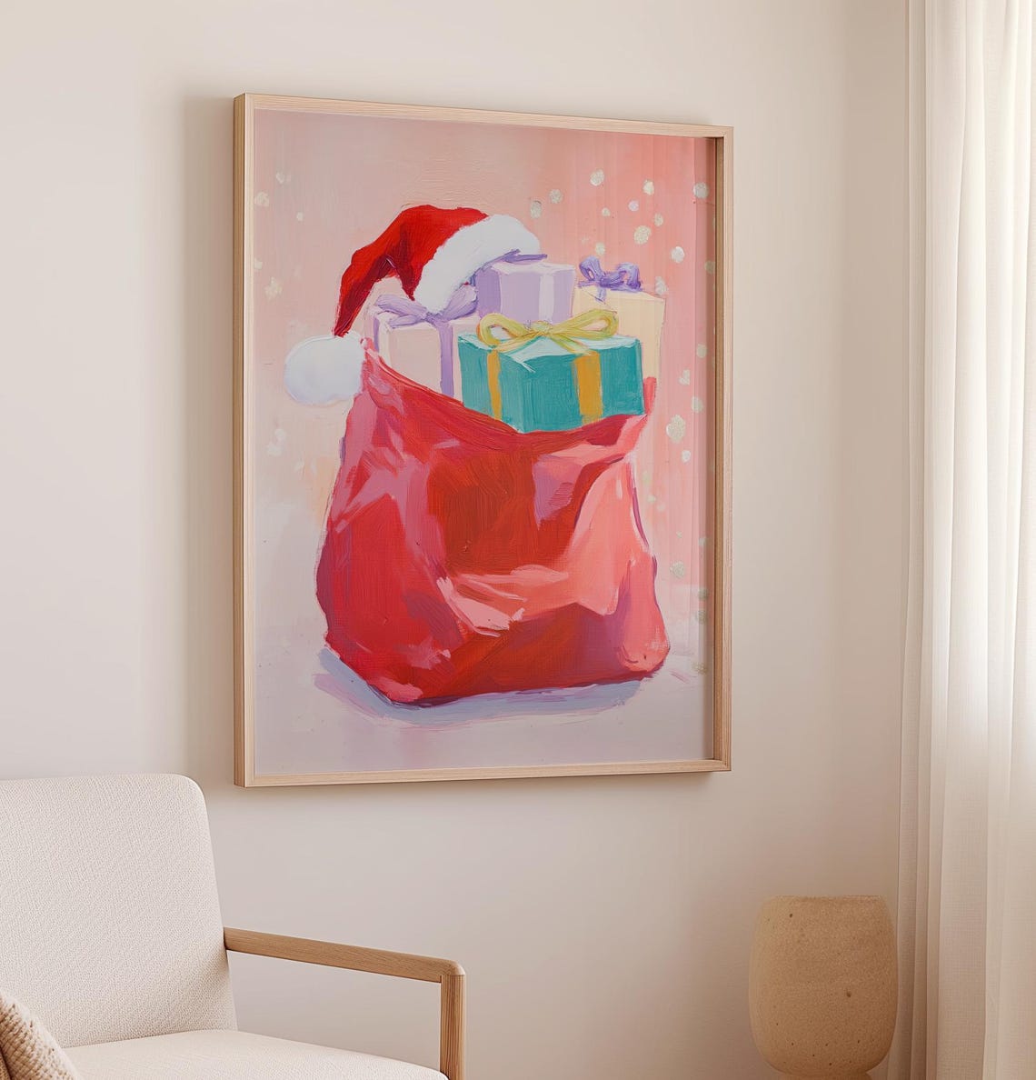 Santa Presents Print Bag Of Toys Print Santa Gift Sack Wall Art Vintage Santa Print Pink Christmas Art Bag Of Gifts Wall Decor Fine Art - Image 3