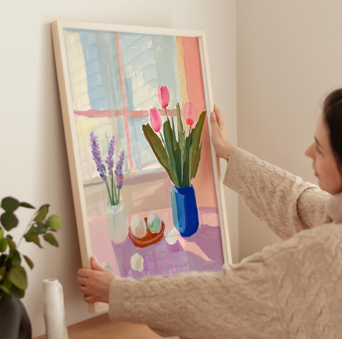 Pink Tulips and Lavender Floral Still Life Pastel Window Art Poster - Image 3