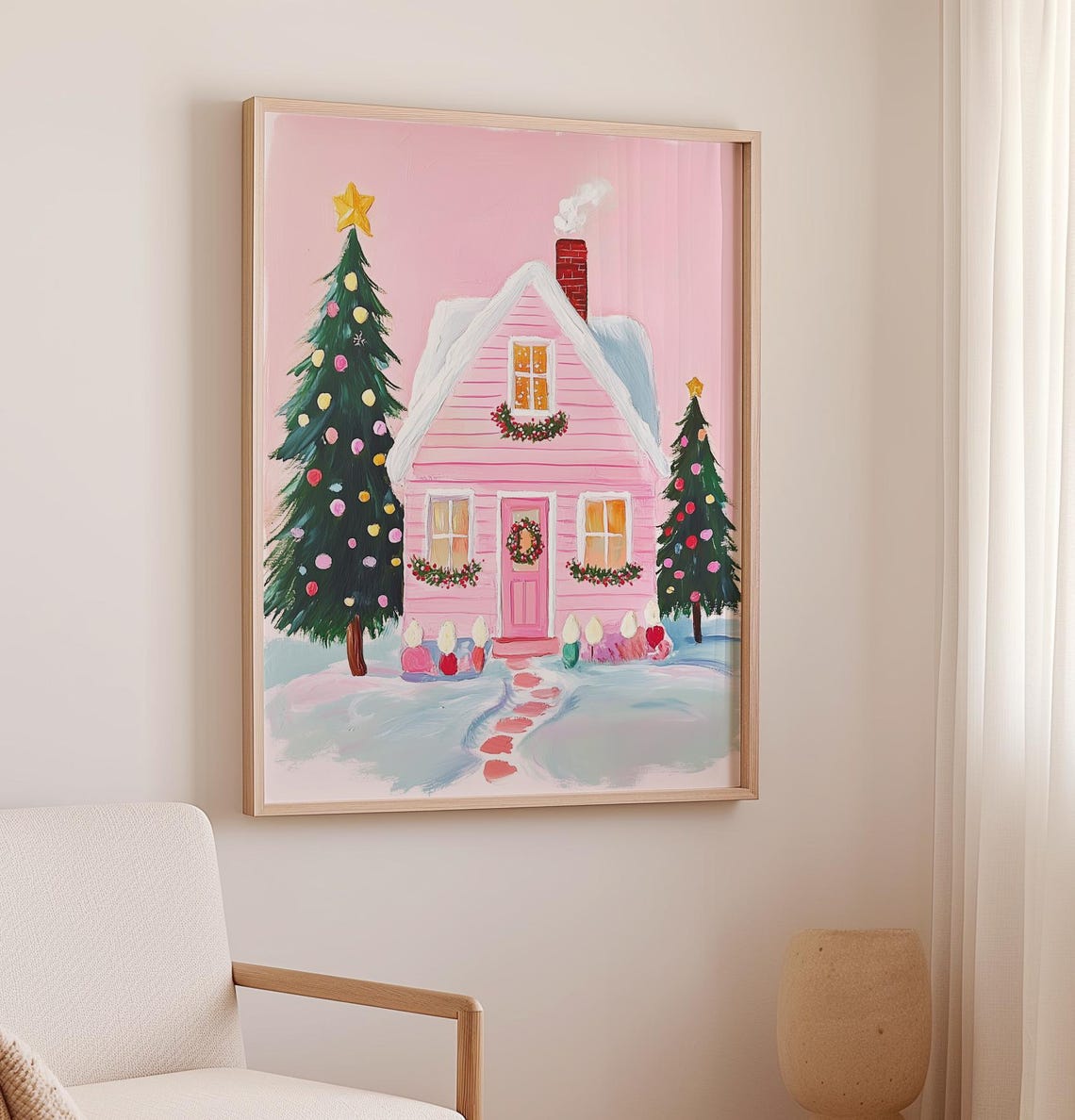 Pink Christmas House Print Winter Village Art Print Holiday Houses Decor Pink Christmas Wall Art Snowy House Print Cozy Winter Wall Art - Image 2