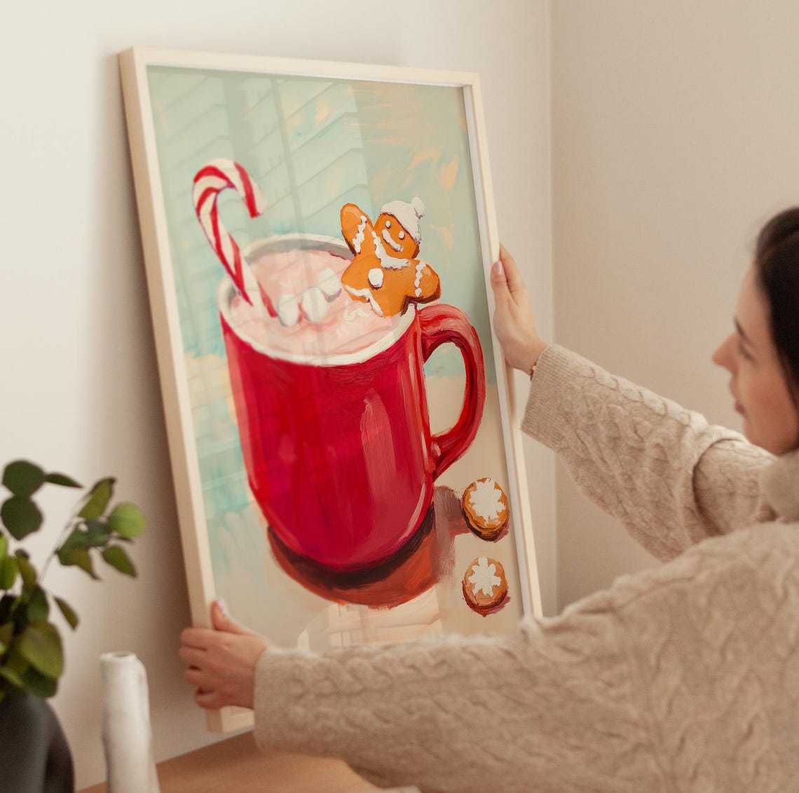 Cozy Red Mug Hot Chocolate Gingerbread Candy Cane Christmas Poster - Image 3