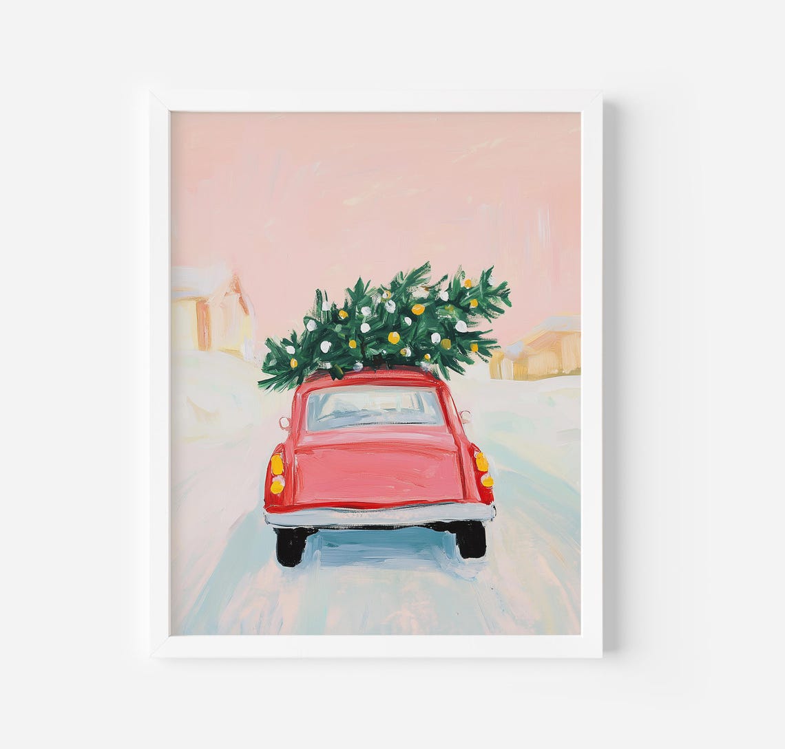 Red Vintage Car Carrying A Christmas Tree Through Snow Poster