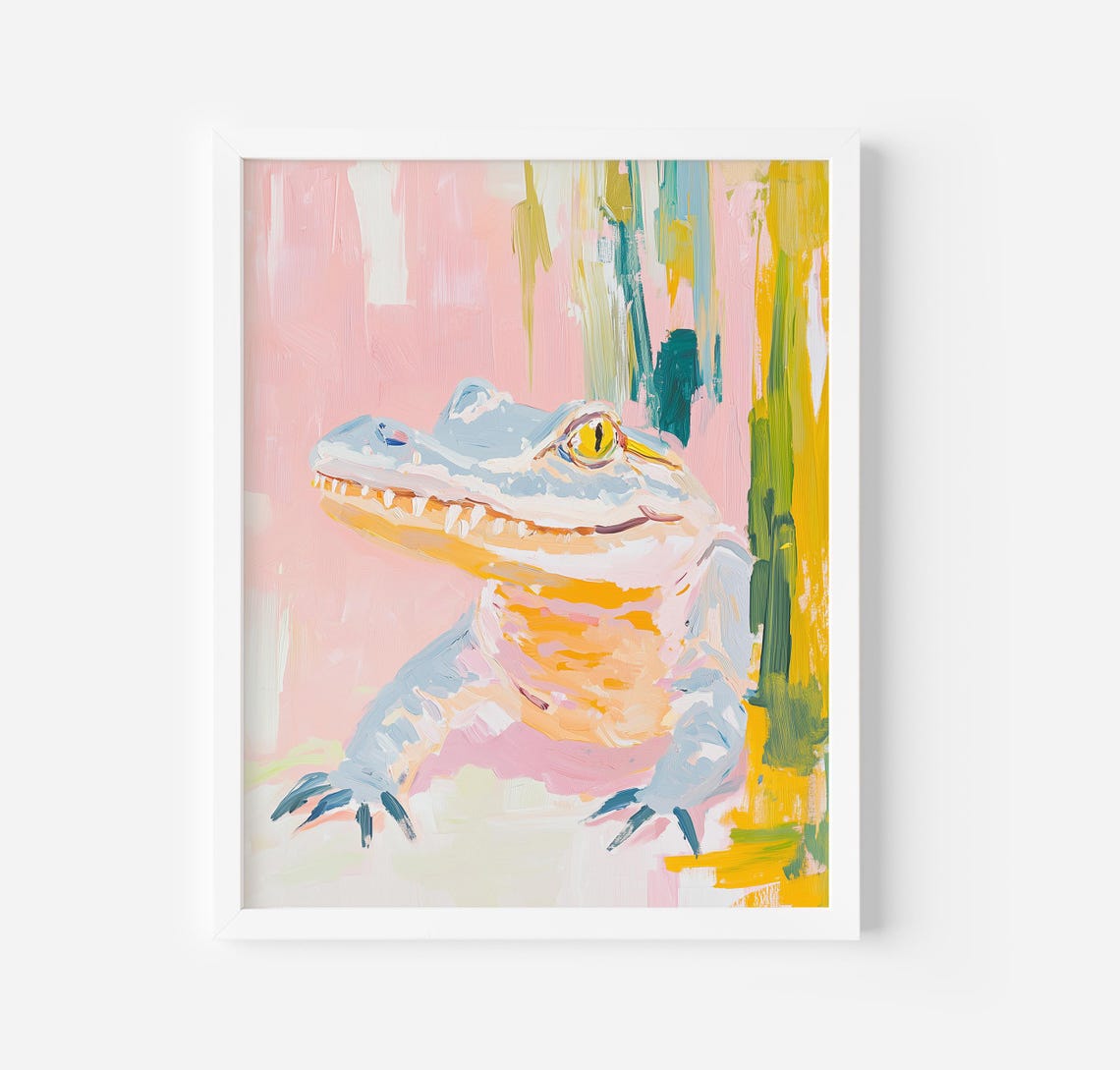Friendly Smiling Crocodile Pastel Whimsical Reptile Art Poster