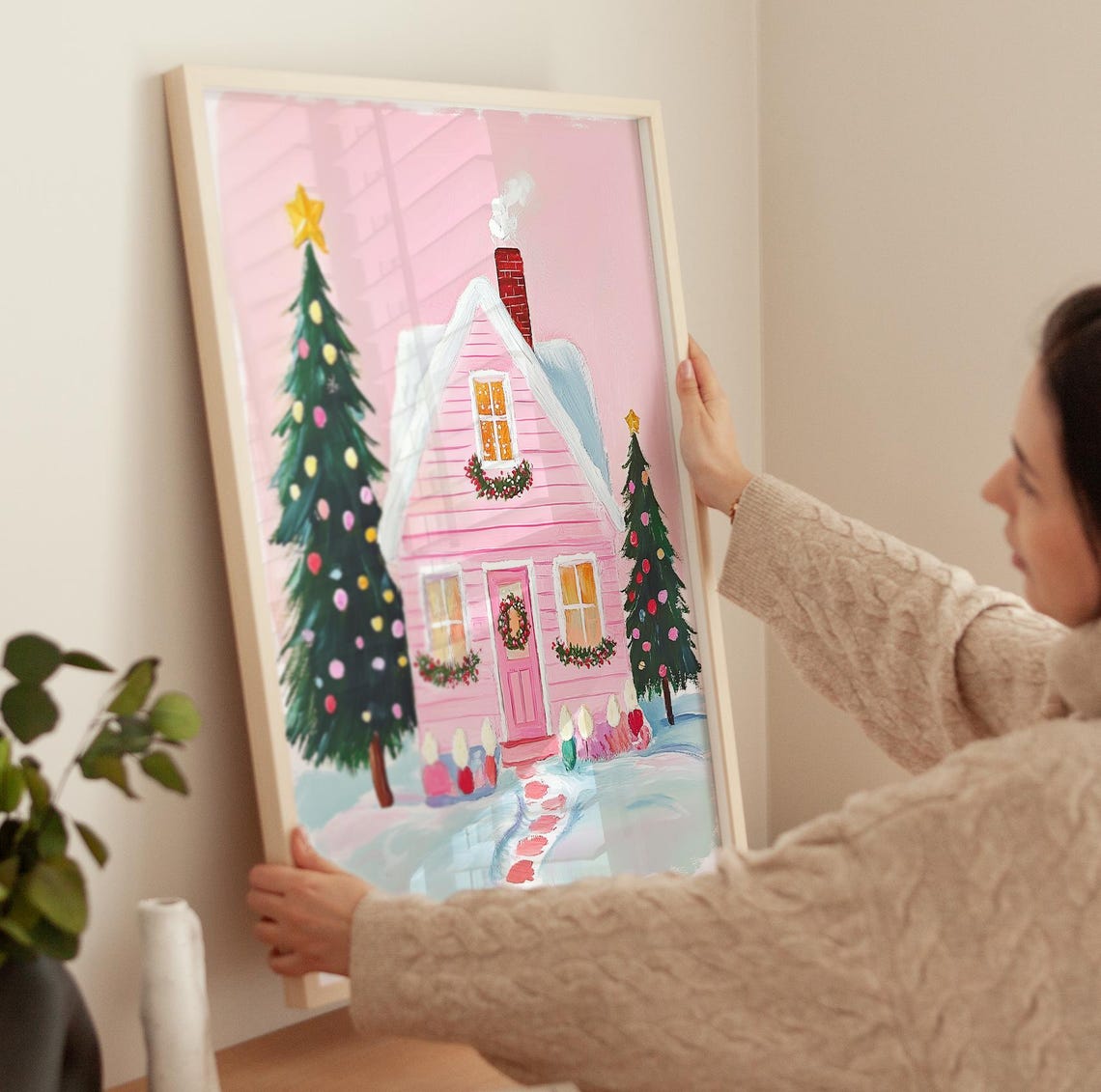 Pink Cottage With Christmas Trees In Snow Cozy Winter Art Poster - Image 3