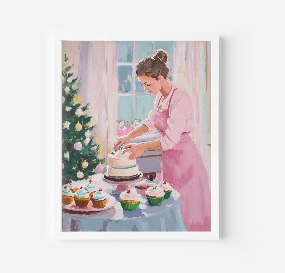 Woman Decorating Cake And Cupcakes In A Christmas Kitchen Poster