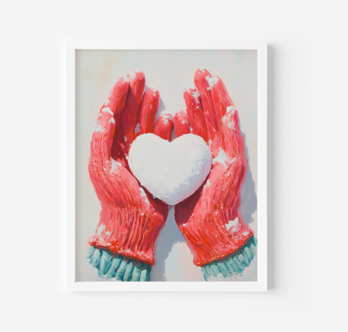 Red Mittens Holding A Heart Shaped Snowball Winter Scene Poster