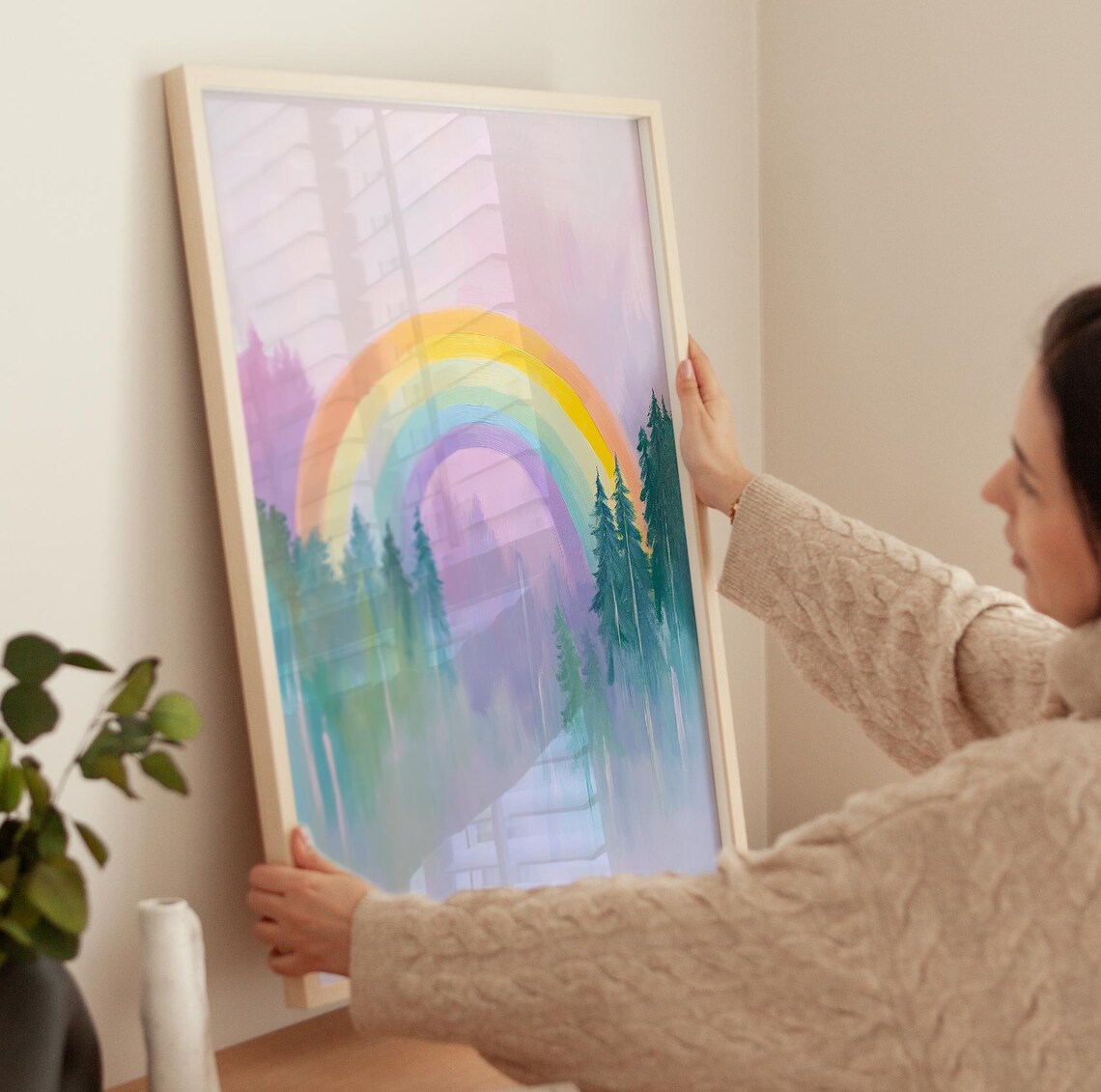 Pastel Rainbow Over Misty Pine Forest Nursery Art Painting Poster - Image 3