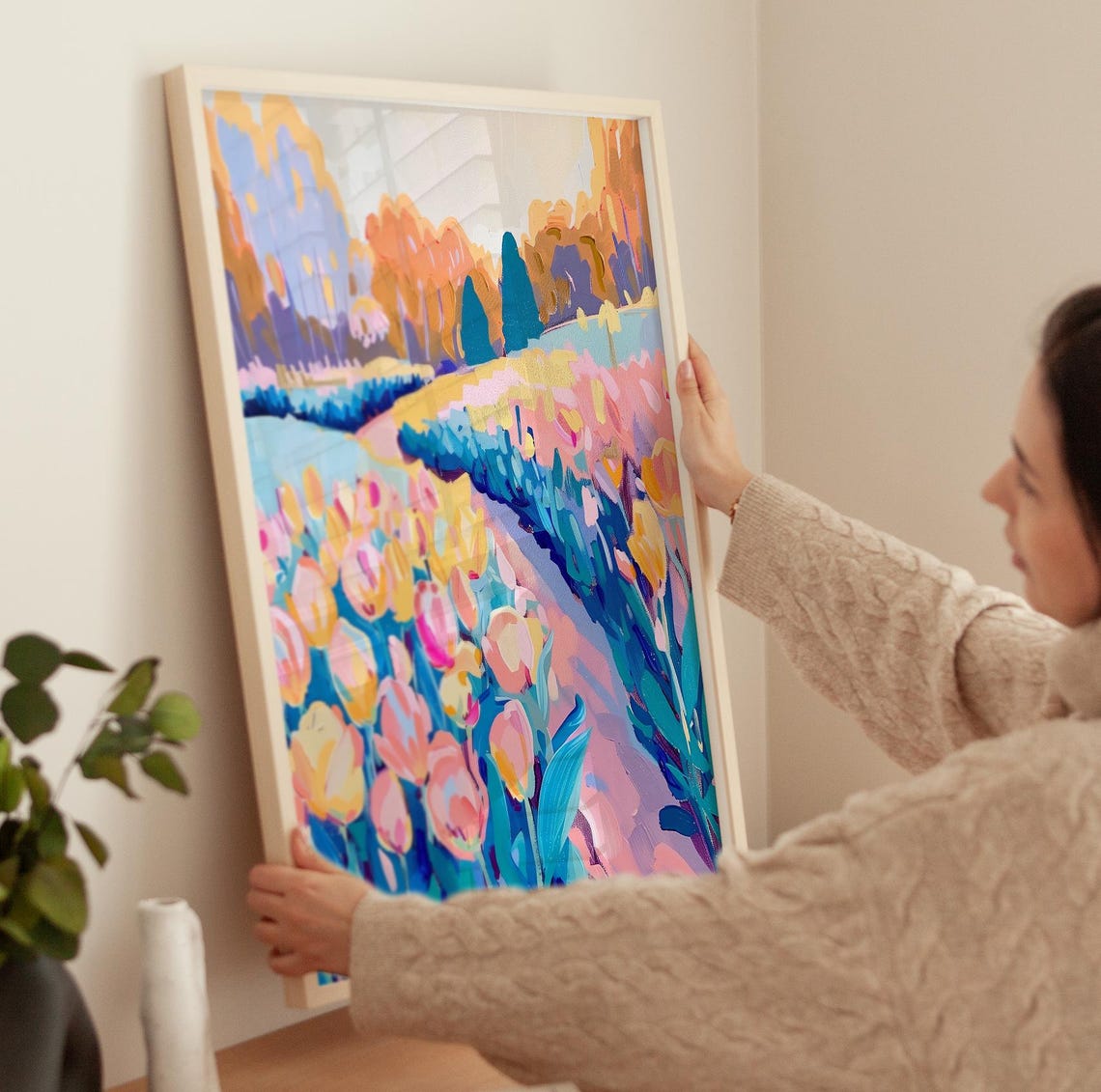 Tulip Field Rows In Spring Flower Farm Landscape Painting Poster - Image 3