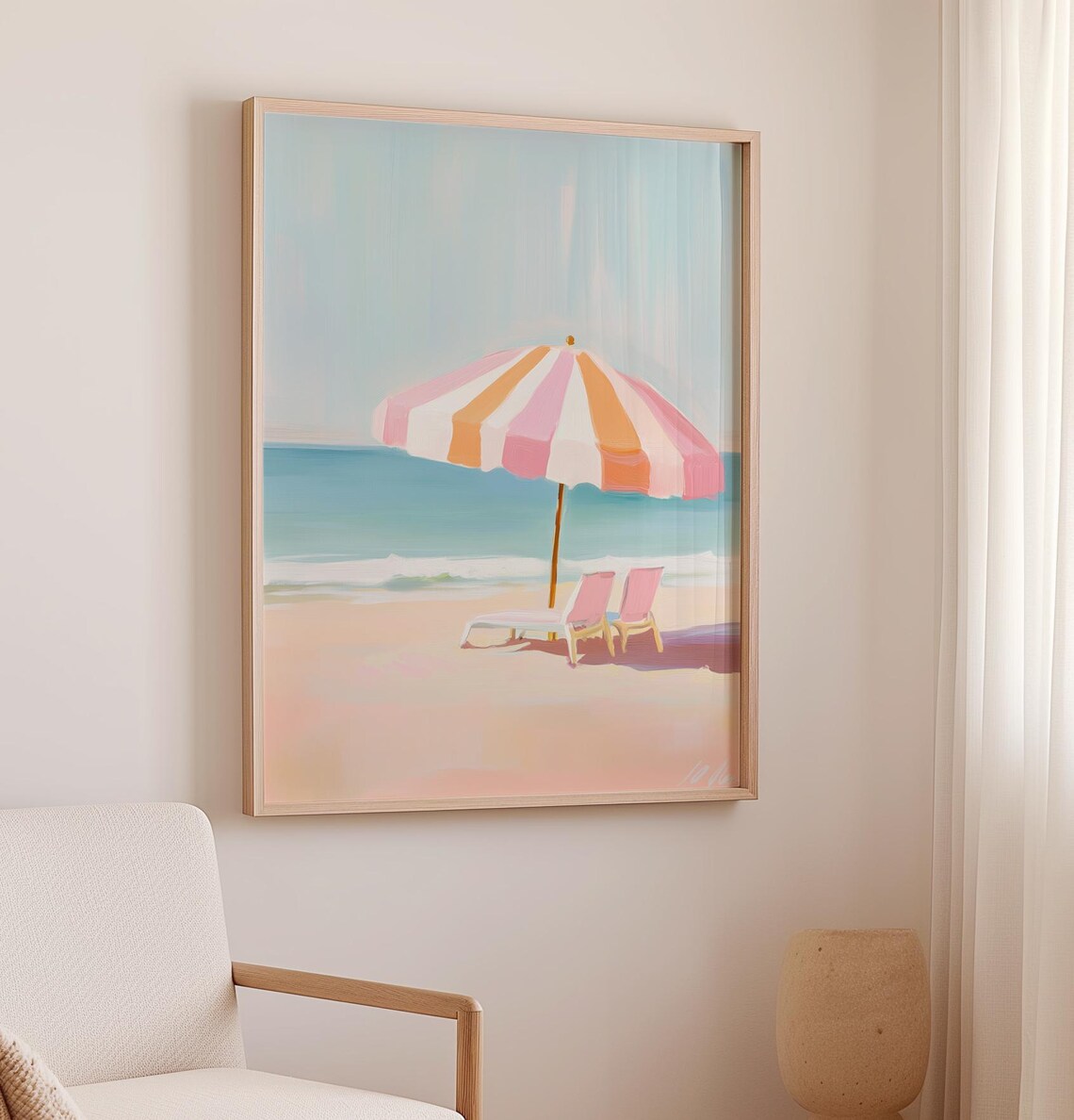 Pink Striped Beach Umbrella Art Print, French Style - Image 2