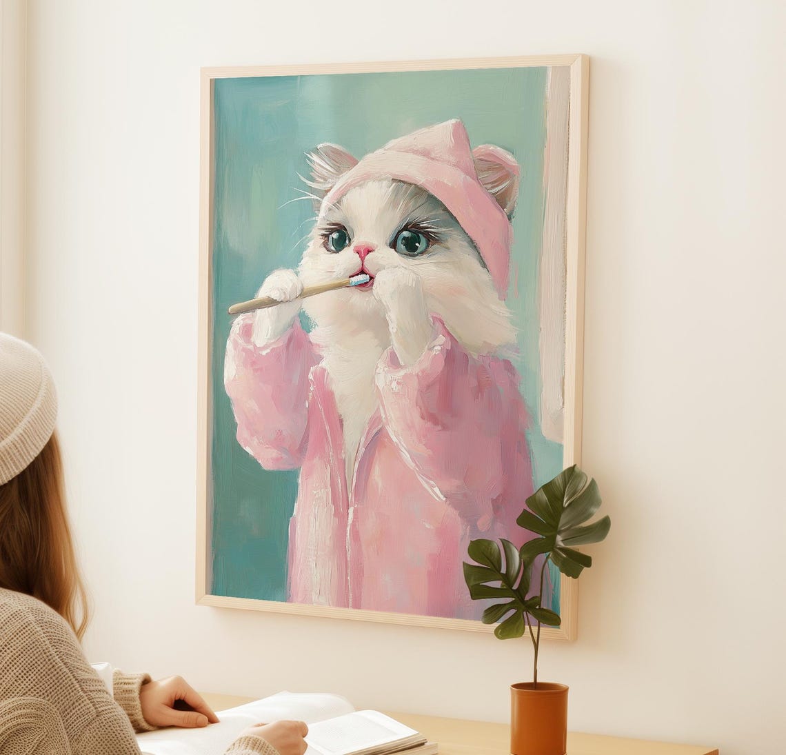 Cute Cat Brushing Teeth Pink Bathrobe Bathroom Funny Kitten Art Poster - Image 2
