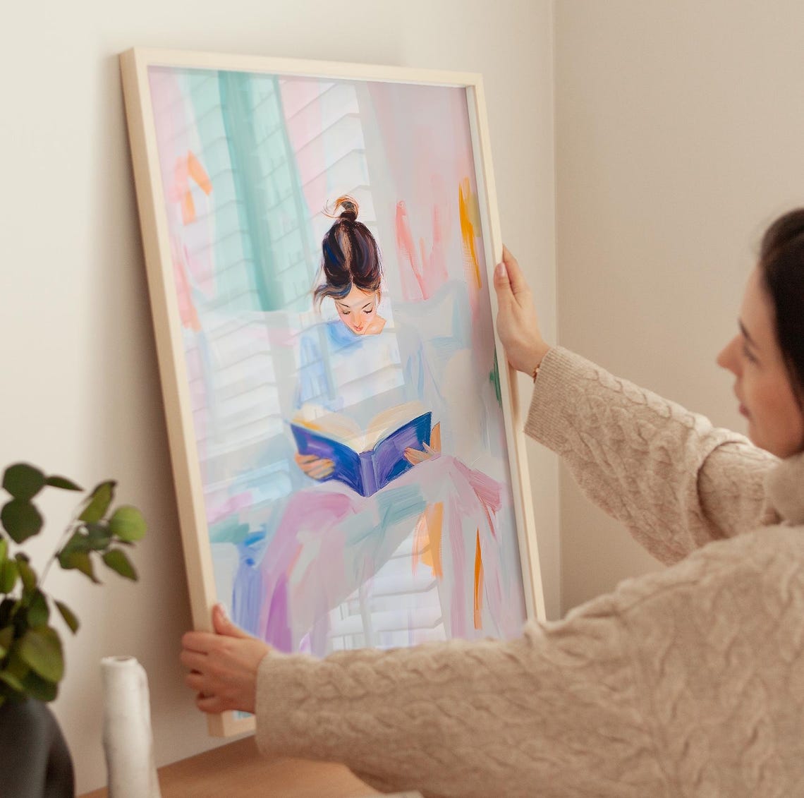Woman Reading Book Pastel Bedroom Quiet Cozy Book Lover Art Poster - Image 3