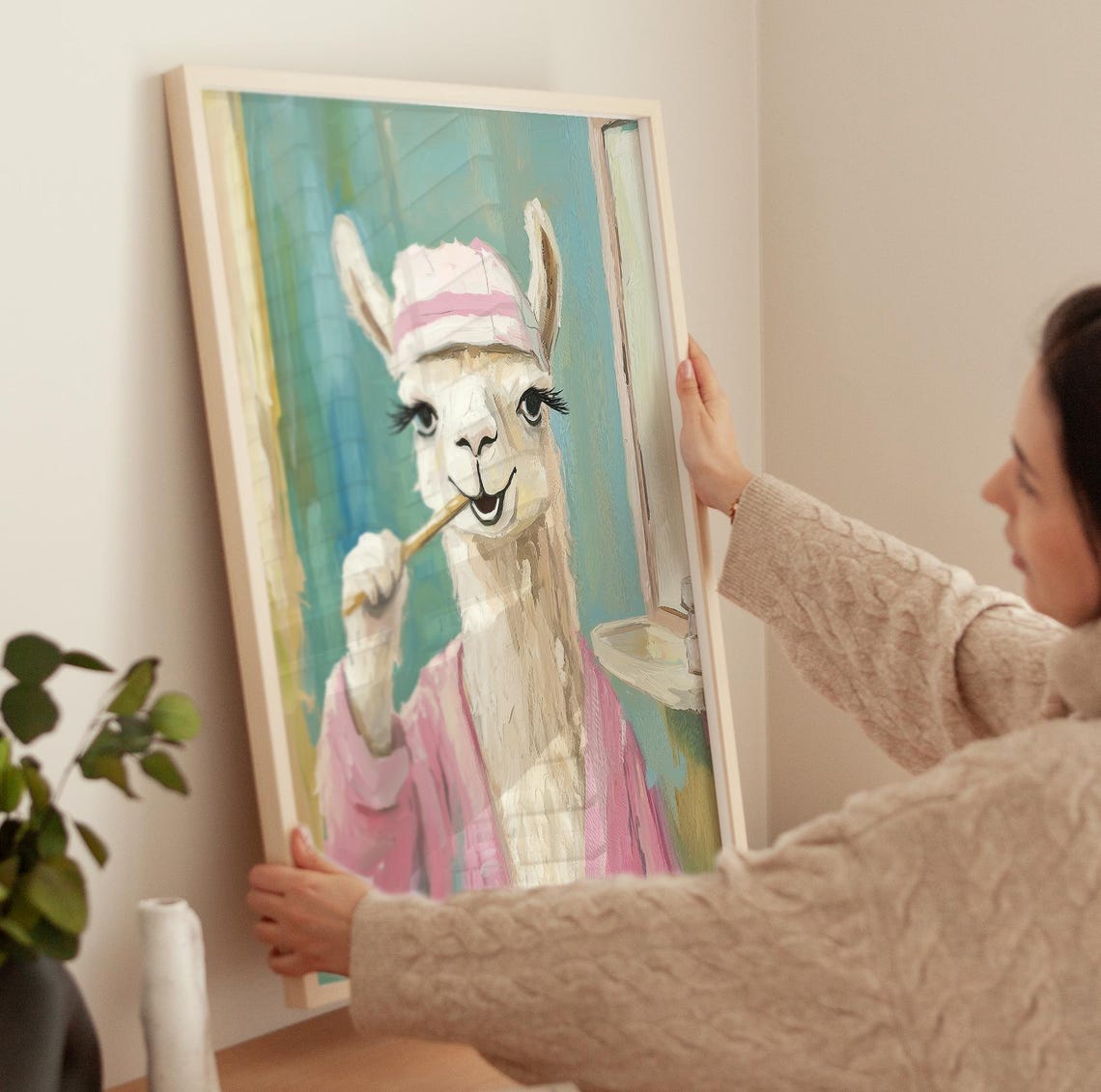 Llama Brushing Teeth in Pink Bathrobe Funny Bathroom Animal Art Poster - Image 4