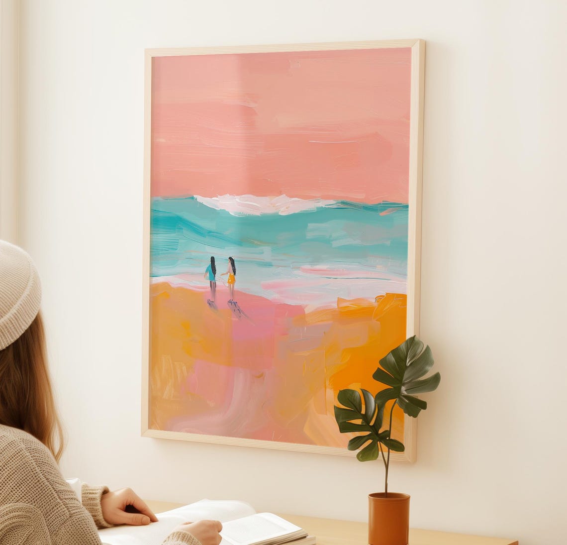 Breezy Two Friends At Sunrise Beach Abstract Pastel Ocean Poster - Image 2