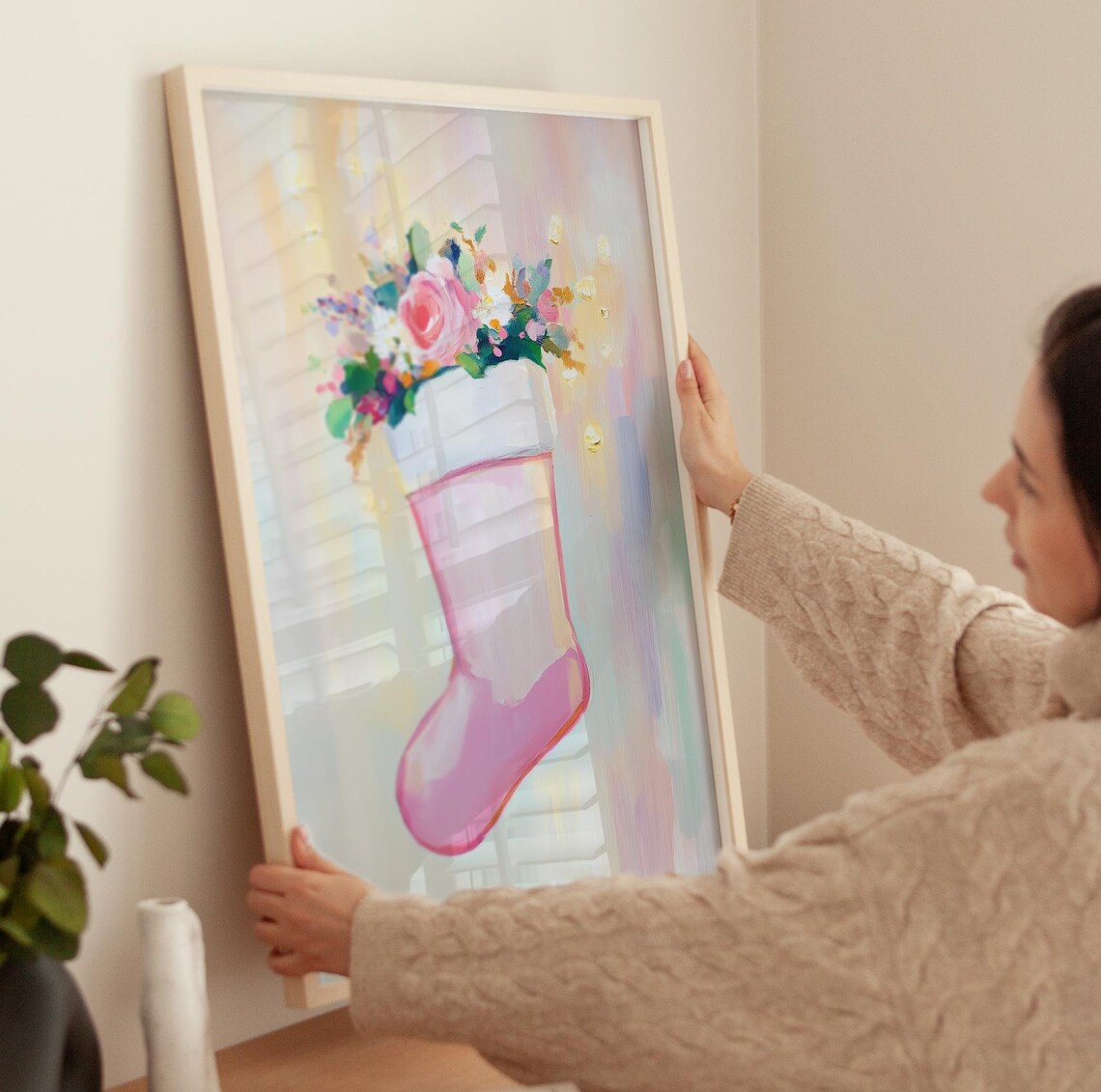 Pink Christmas Stocking Filled With Flowers Pastel Holiday Poster