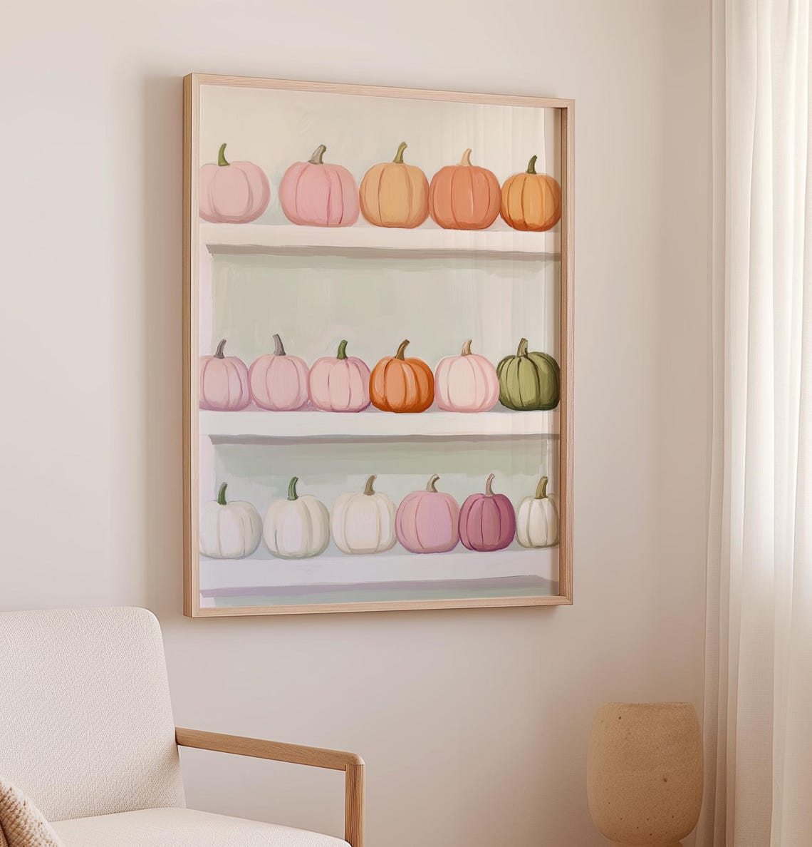 Pastel Pumpkins In Rows On White Shelves Fall Decor Art Poster - Image 2