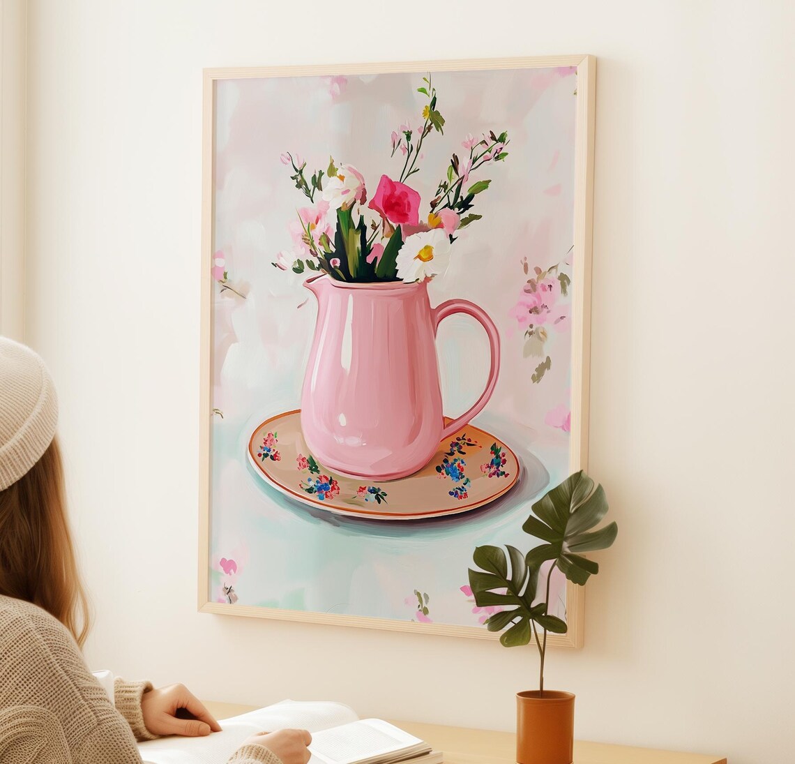Pink Pitcher Wildflower Bouquet Cottage Floral Still Life Wall Poster - Image 2