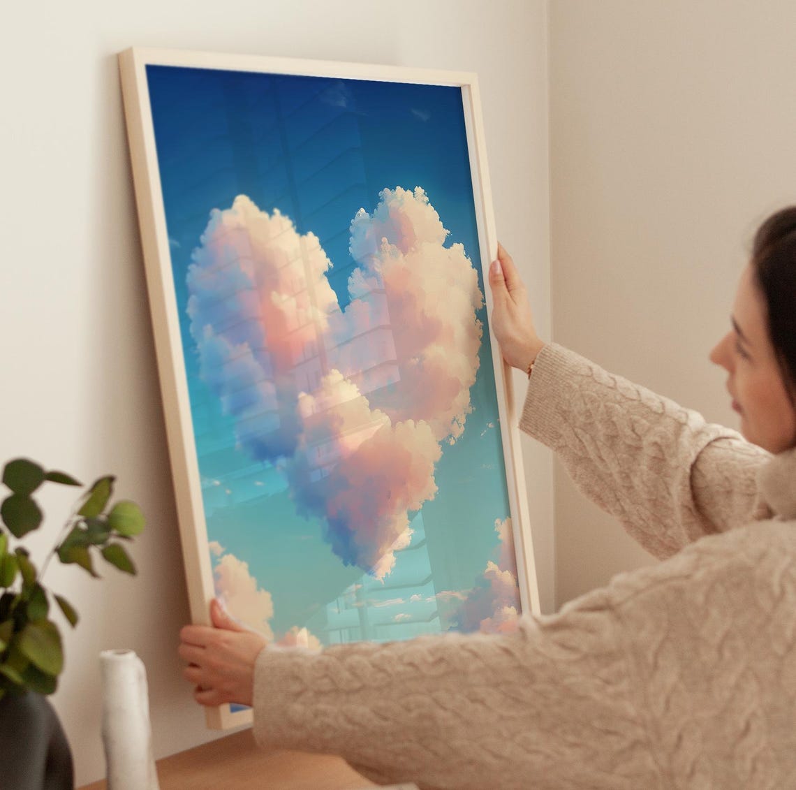 Dreamy Pink Heart Shaped Cloud Floating In Blue Sky Love Art Poster - Image 4