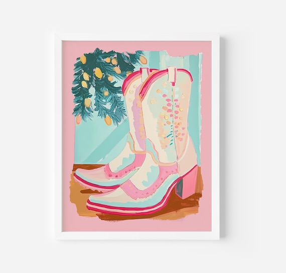 Pink and White Cowboy Boots Christmas Garland Holiday Western Art Poster