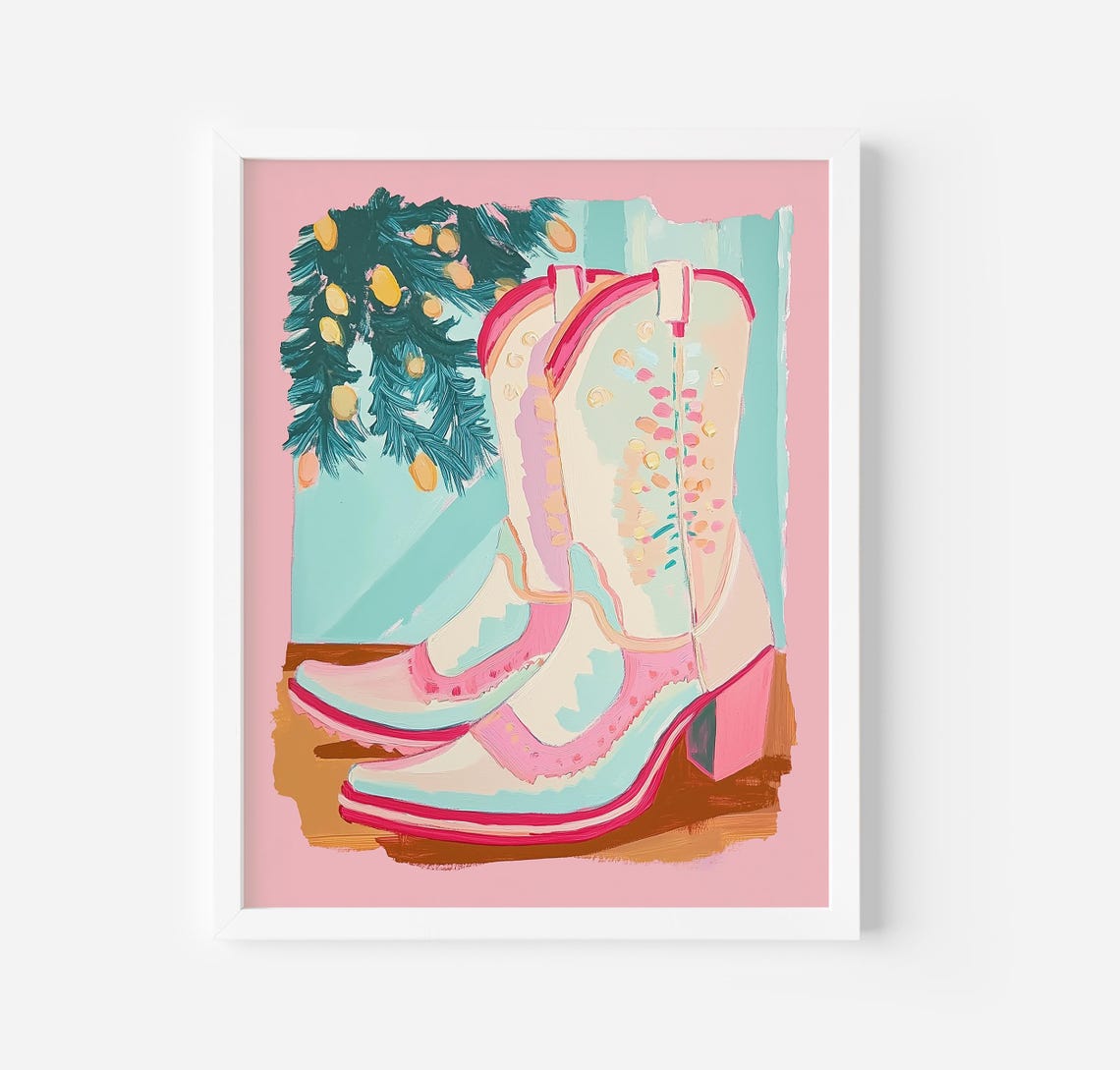 Cowgirl Boots Painting Pink Western Print Coastal Kids Room Print Southern Pastel Wall Decor Girly Trendy Cowgirl Art