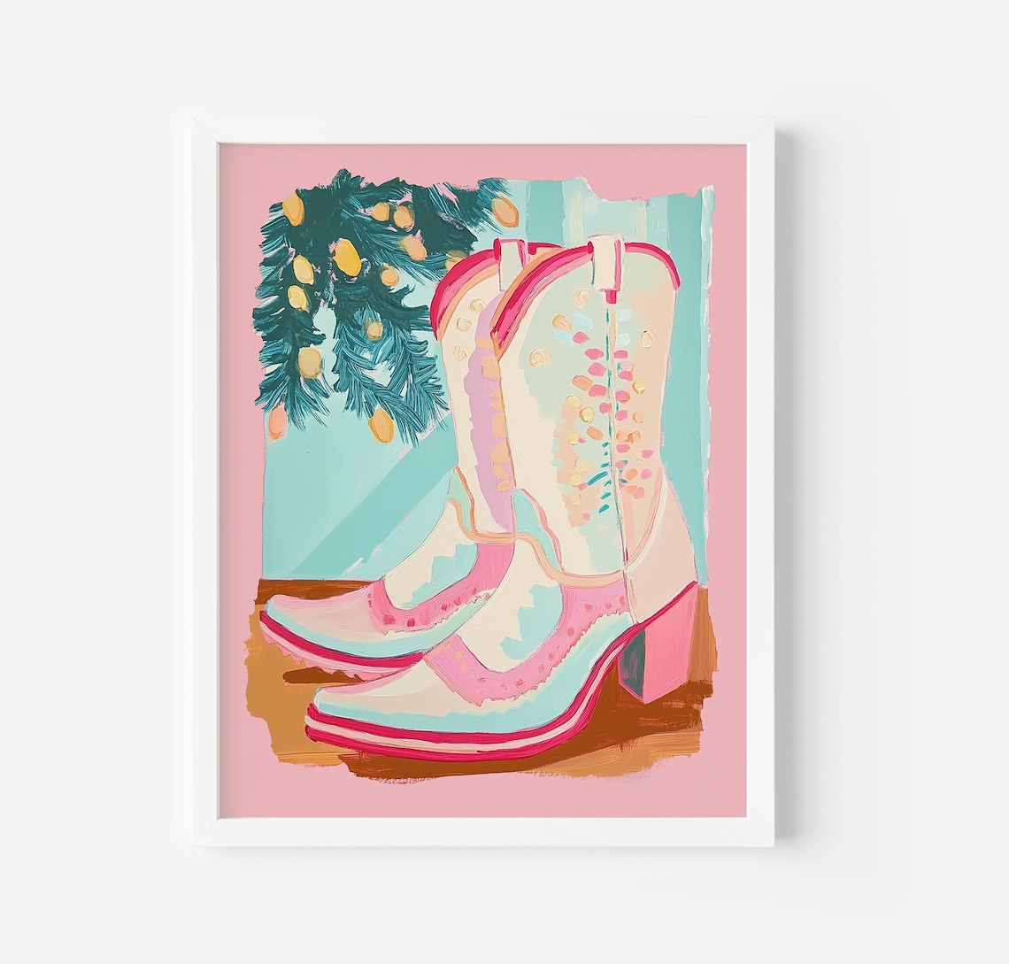 Pink and White Cowboy Boots Christmas Garland Holiday Western Art Poster