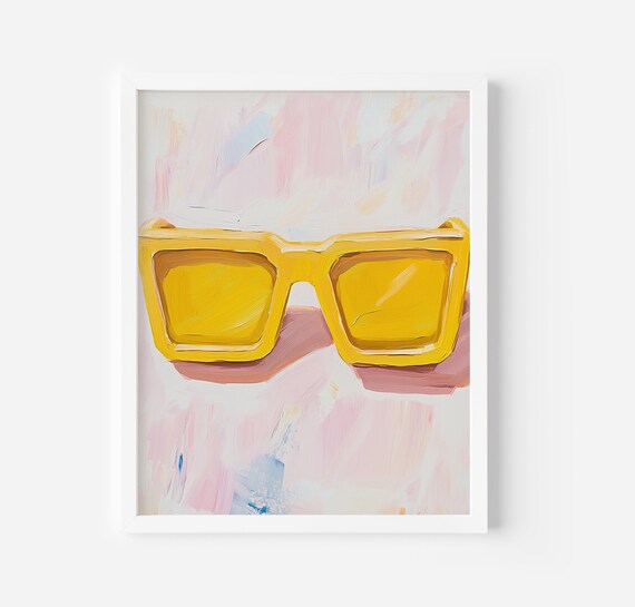 Yellow Retro Sunglasses Pop Art on Pink Pastel Background Funky Wall Poster