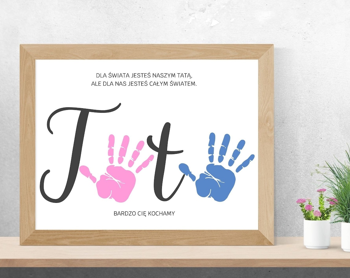 Polish Tata Handprint Dad Quote Blue Pink Keepsake Art Poster