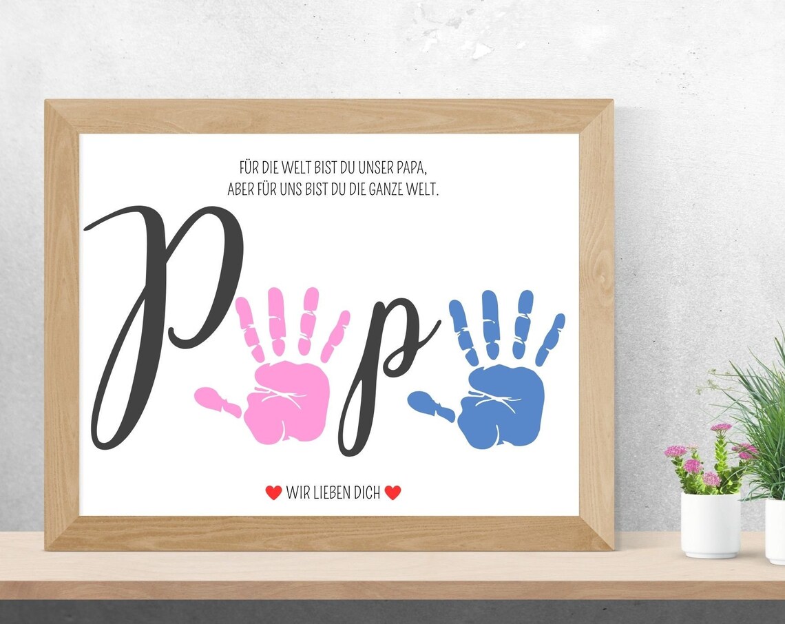 Pink and Blue Handprint Papa German Father's Day Keepsake Art Poster