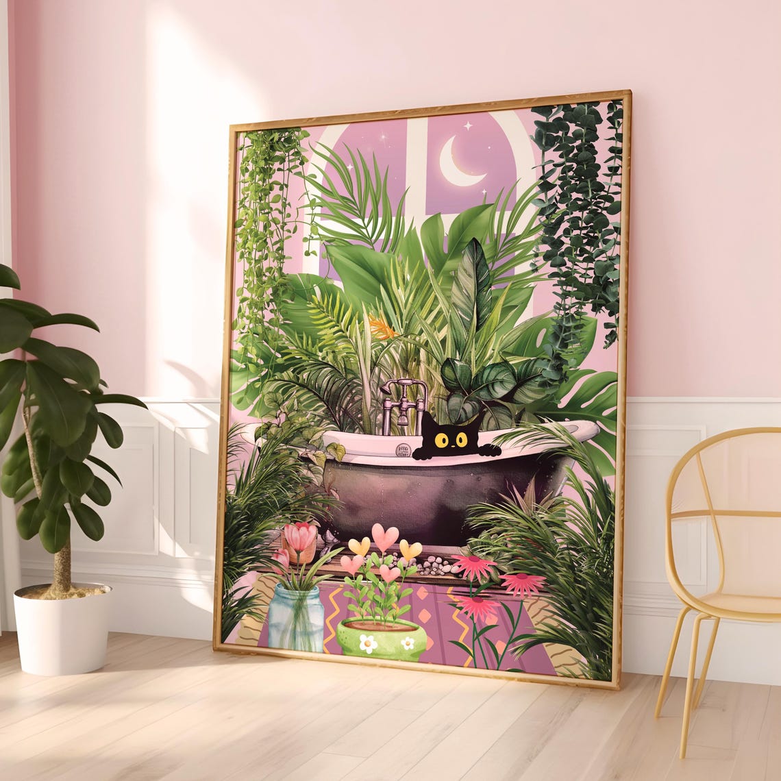 Black Cat In Bathtub Under Moonlit Window Botanical Night Poster