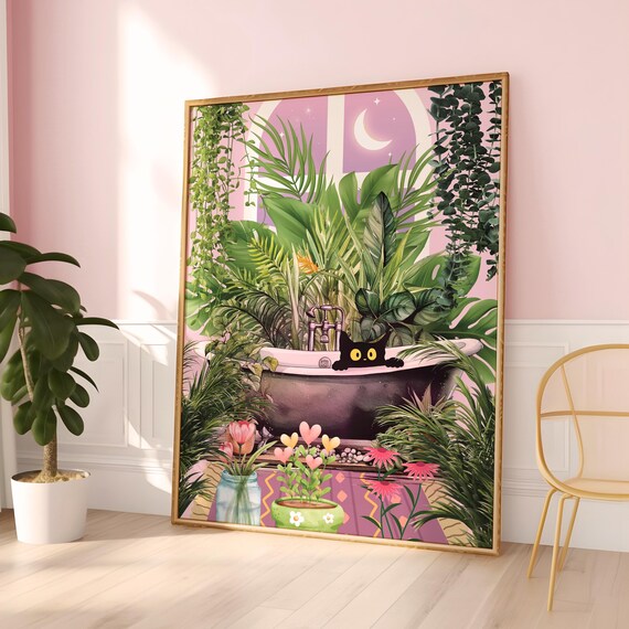 Black Cat In Bathtub Under Moonlit Window Botanical Night Poster