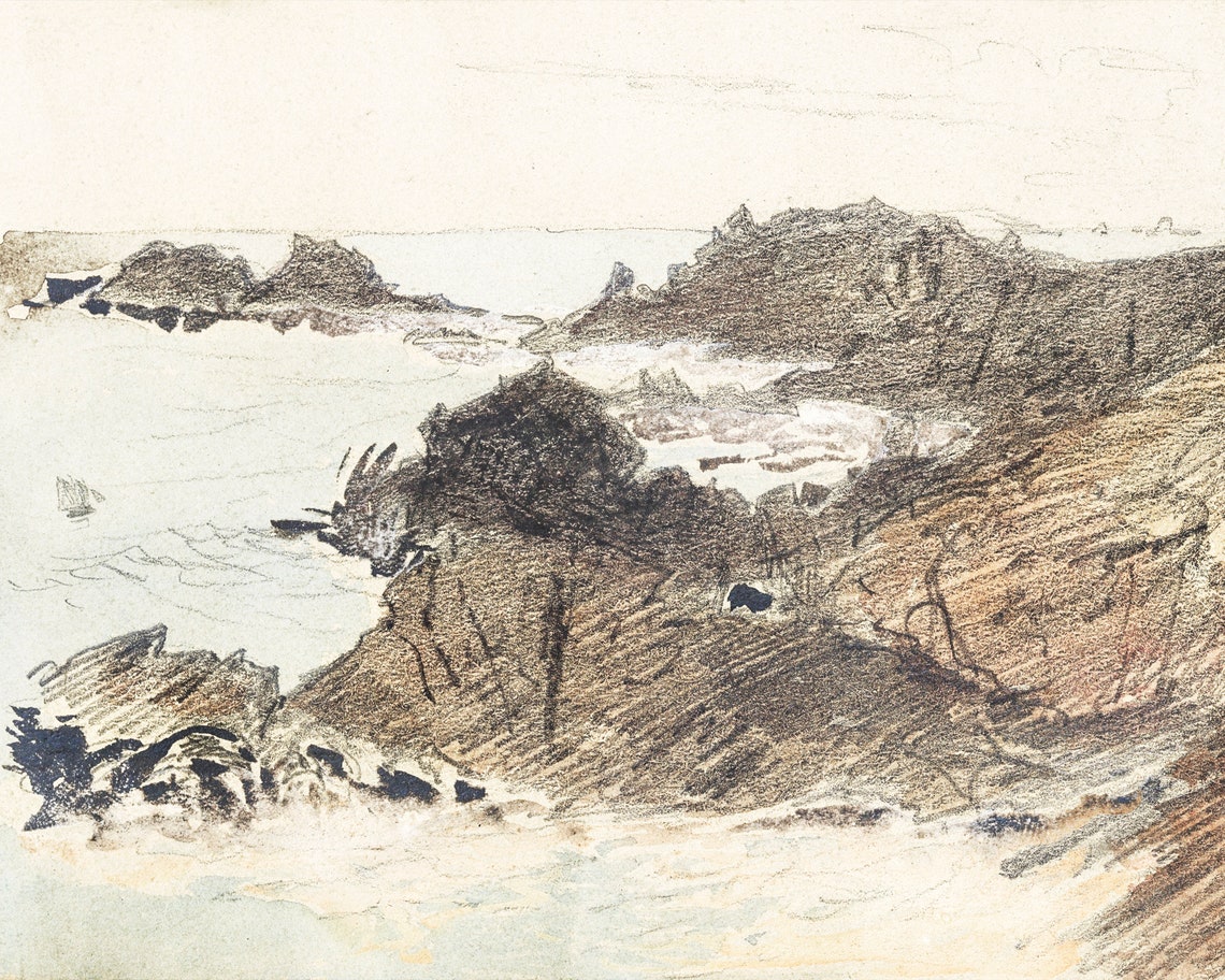 Neutral Sketch Antique Beach Landscape Art Print - Image 2