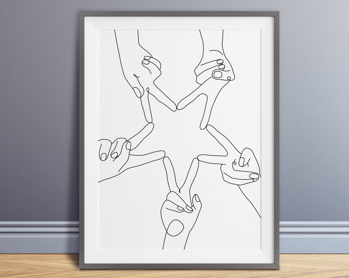 Peace Hand Made Of Star Print Line Art Poster Line Art Peace Hand Poster Black White Art Line Print Sketch Line Drawing