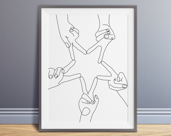 Five Hands Forming Star Shape Line Art Unity Friendship Poster
