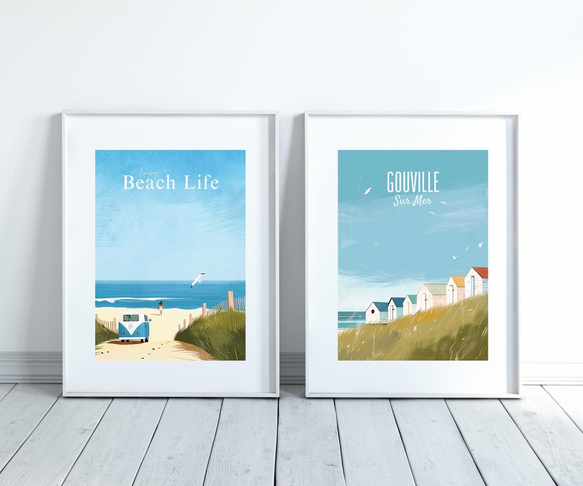 Gouville Sur Mer Normandy Beach Huts Grassy Dunes Coast Poster - Image 3