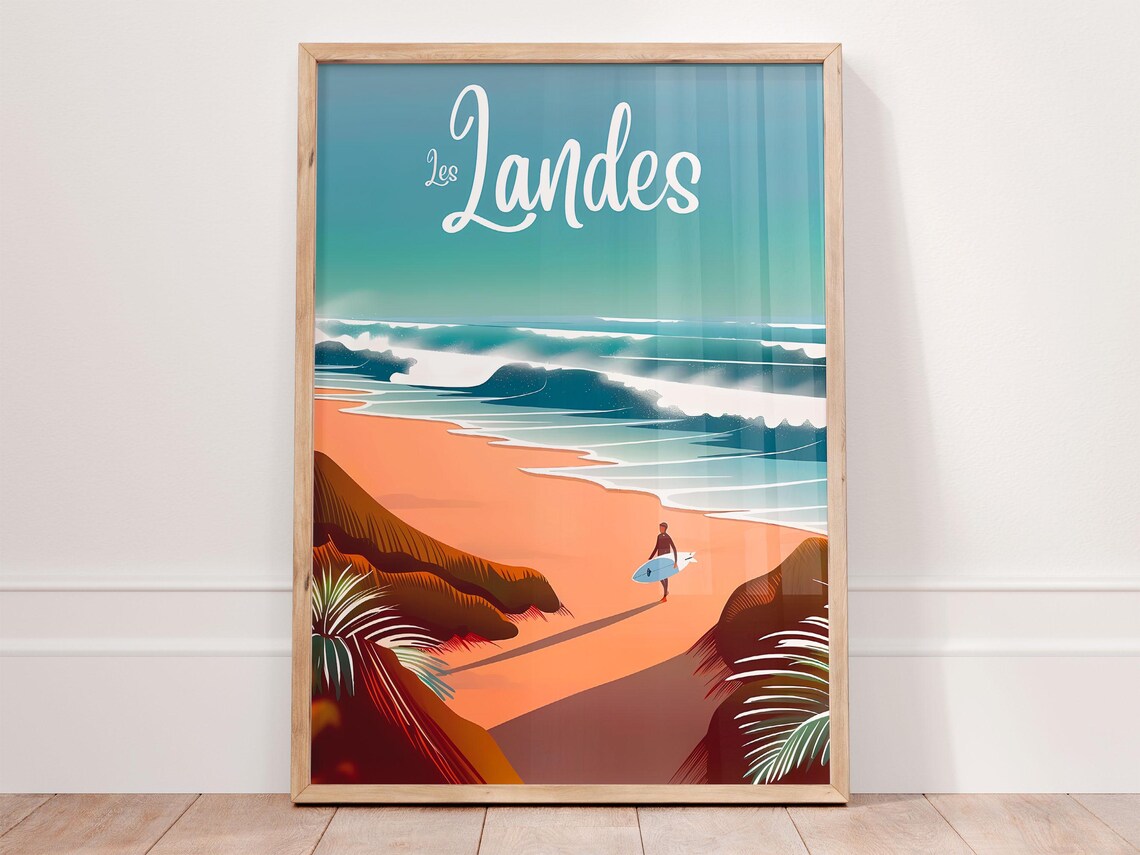 Les Landes France Surf Poster Big Waves Sandy Beach Travel Art